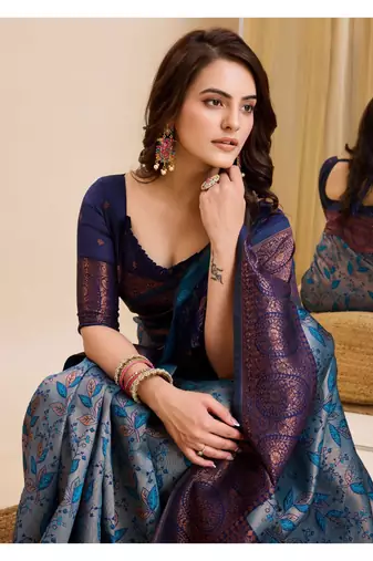 sky blue silk blend banarasi saree with unstitched blouse piece