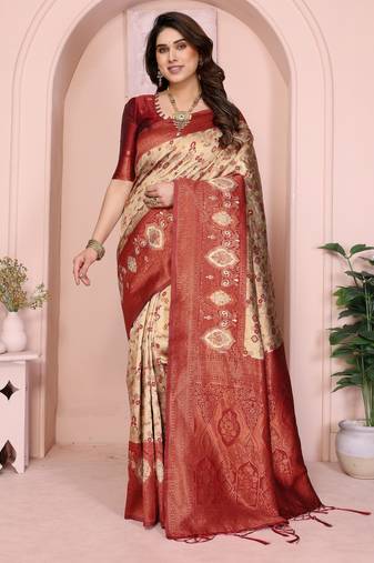 cream maroon   soft art silk blend banarasi jacuard work designer party wear saree with unstitched blouse piece