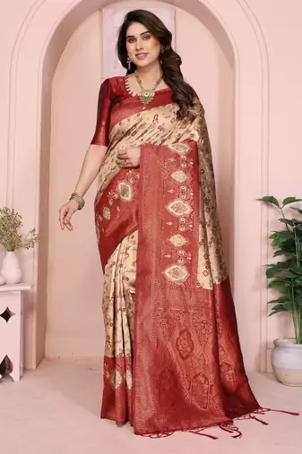 cream maroon   soft art silk blend banarasi jacuard work designer party wear saree with unstitched blouse piece