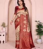 cream maroon   soft art silk blend banarasi jacuard work designer party wear saree with unstitched blouse piece