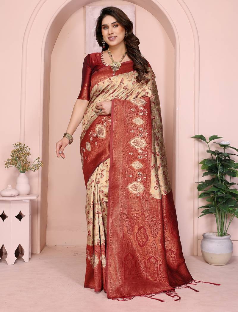 cream maroon   soft art silk blend banarasi jacuard work designer party wear saree with unstitched blouse piece