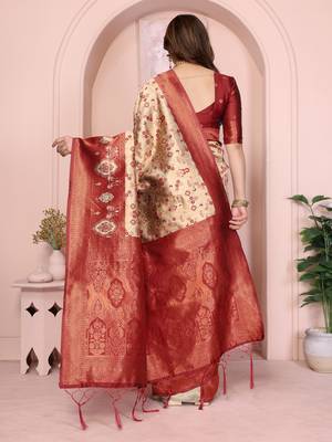 cream maroon silk blend banarasi saree with unstitched blouse piece 2