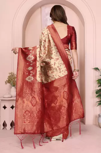 cream maroon silk blend banarasi saree with unstitched blouse piece