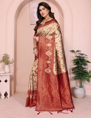 cream maroon silk blend banarasi saree with unstitched blouse piece 3