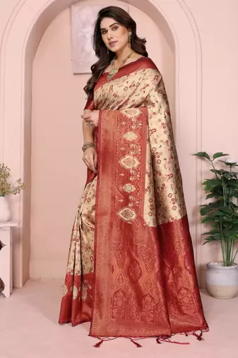 cream maroon silk blend banarasi saree with unstitched blouse piece