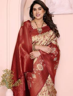 cream maroon silk blend banarasi saree with unstitched blouse piece 4