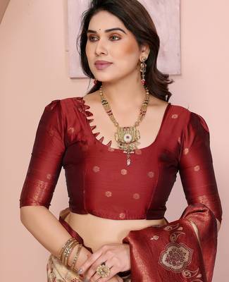 cream maroon silk blend banarasi saree with unstitched blouse piece 5