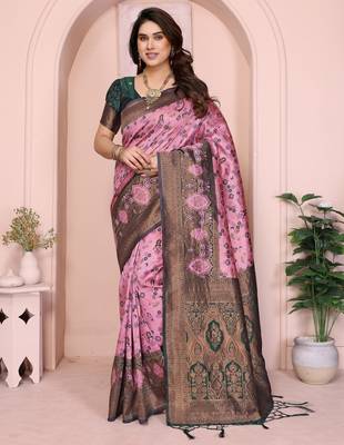 pink green silk blend banarasi saree with unstitched blouse piece 1