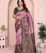 pink green  soft art silk blend banarasi jacuard work designer party wear saree with unstitched blouse piece