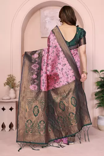 pink green silk blend banarasi saree with unstitched blouse piece