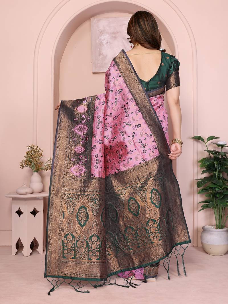 pink green  soft art silk blend banarasi jacuard work designer party wear saree with unstitched blouse piece