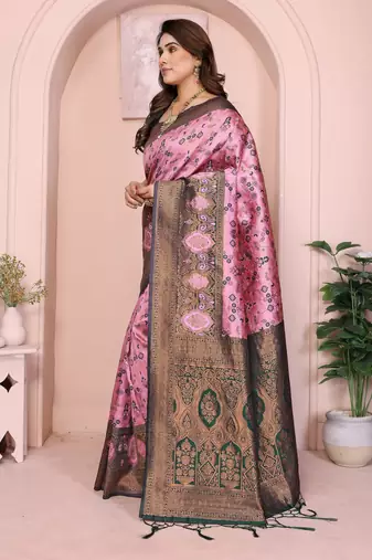 pink green silk blend banarasi saree with unstitched blouse piece
