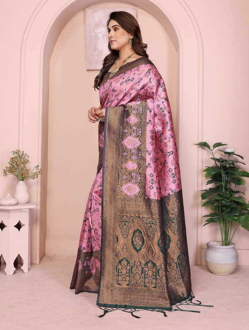 pink green  soft art silk blend banarasi jacuard work designer party wear saree with unstitched blouse piece