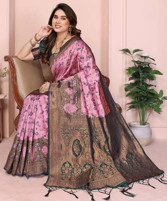 pink green silk blend banarasi saree with unstitched blouse piece 4