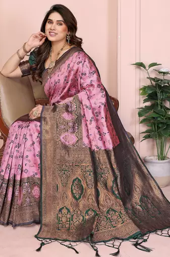 pink green silk blend banarasi saree with unstitched blouse piece