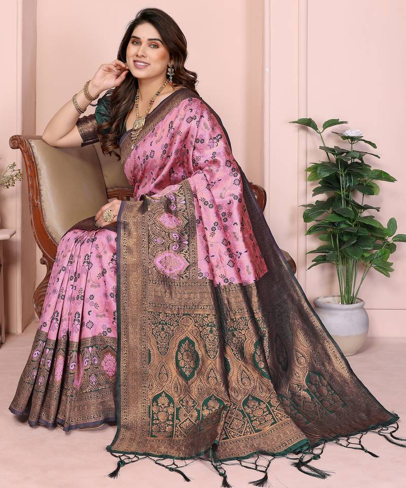 pink green  soft art silk blend banarasi jacuard work designer party wear saree with unstitched blouse piece