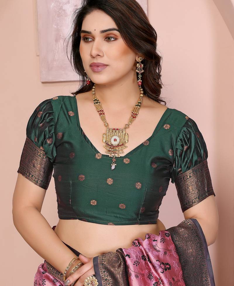 pink green  soft art silk blend banarasi jacuard work designer party wear saree with unstitched blouse piece