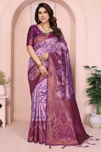 lavender wine silk blend banarasi saree with unstitched blouse piece
