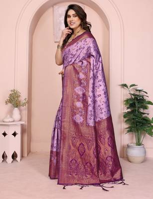 lavender wine silk blend banarasi saree with unstitched blouse piece 4