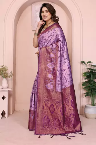 lavender wine silk blend banarasi saree with unstitched blouse piece