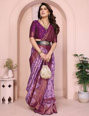 lavender wine silk blend banarasi saree with unstitched blouse piece 1