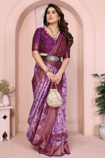 lavender wine  soft art silk blend banarasi jacuard work designer party wear saree with unstitched blouse piece