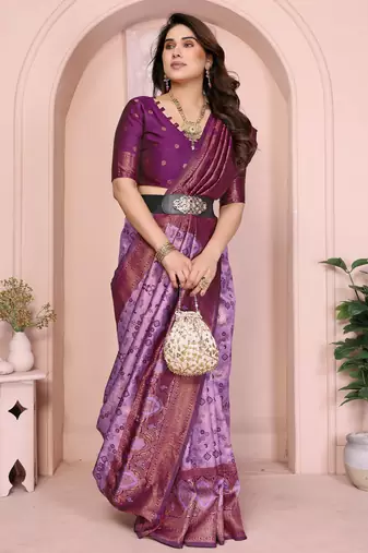 lavender wine  soft art silk blend banarasi jacuard work designer party wear saree with unstitched blouse piece