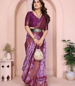 lavender wine silk blend banarasi saree with unstitched blouse piece