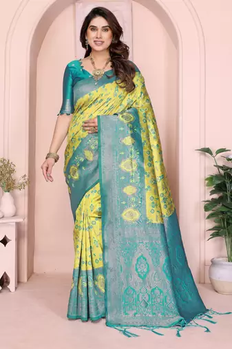 lemon rama  soft art silk blend banarasi jacuard work designer party wear saree with unstitched blouse piece