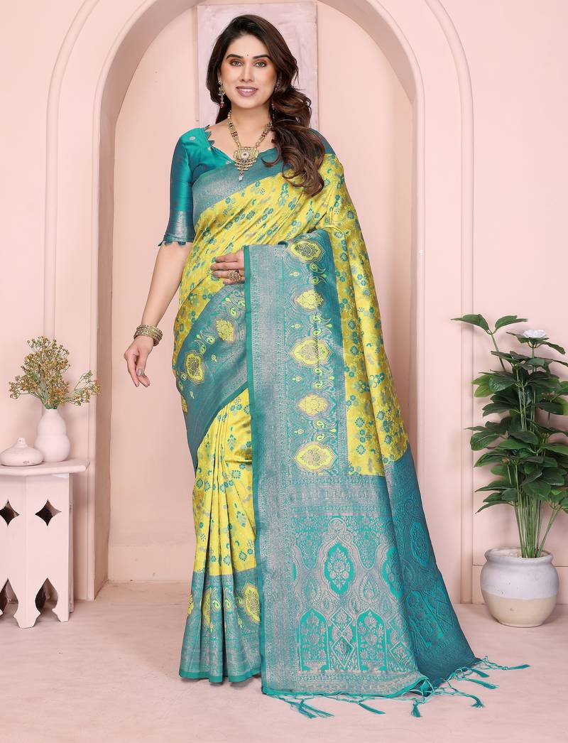 lemon rama  soft art silk blend banarasi jacuard work designer party wear saree with unstitched blouse piece