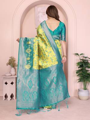 lemon rama silk blend banarasi saree with unstitched blouse piece 2