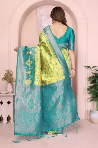 lemon rama silk blend banarasi saree with unstitched blouse piece