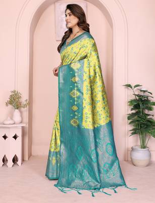 lemon rama silk blend banarasi saree with unstitched blouse piece 3