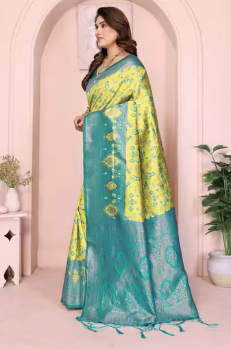 lemon rama silk blend banarasi saree with unstitched blouse piece