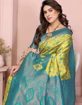 lemon rama silk blend banarasi saree with unstitched blouse piece 4
