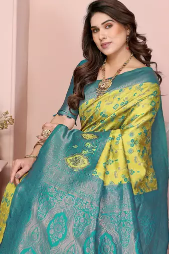 lemon rama silk blend banarasi saree with unstitched blouse piece