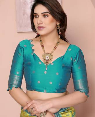 lemon rama silk blend banarasi saree with unstitched blouse piece 5
