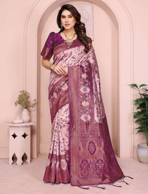 peach wine silk blend banarasi saree with unstitched blouse piece 1