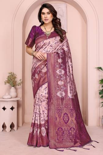 peach wine  soft art silk blend banarasi jacuard work designer party wear saree with unstitched blouse piece