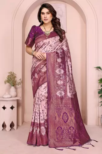 peach wine  soft art silk blend banarasi jacuard work designer party wear saree with unstitched blouse piece