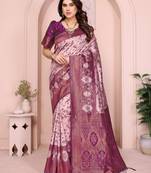 peach wine  soft art silk blend banarasi jacuard work designer party wear saree with unstitched blouse piece
