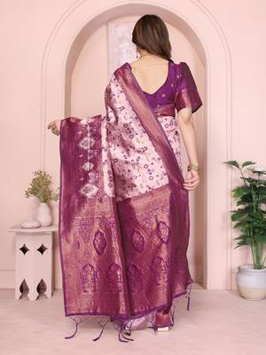 peach wine silk blend banarasi saree with unstitched blouse piece 2