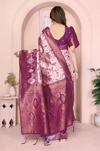 peach wine silk blend banarasi saree with unstitched blouse piece