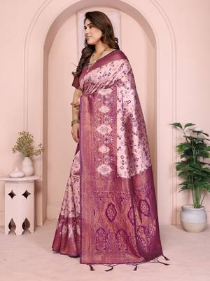 peach wine silk blend banarasi saree with unstitched blouse piece 3
