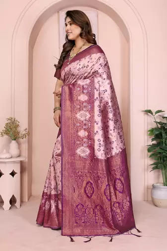 peach wine silk blend banarasi saree with unstitched blouse piece