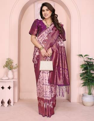 peach wine silk blend banarasi saree with unstitched blouse piece 4