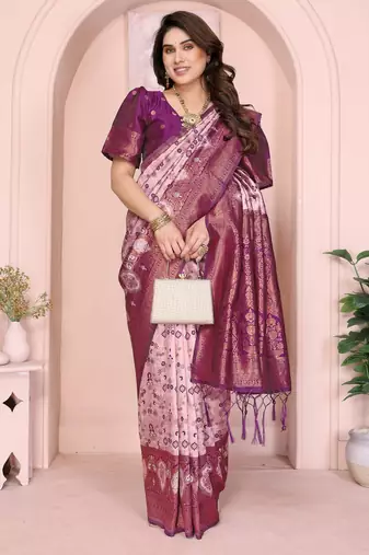 peach wine silk blend banarasi saree with unstitched blouse piece