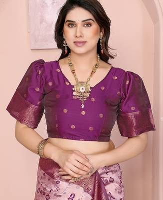peach wine silk blend banarasi saree with unstitched blouse piece 5
