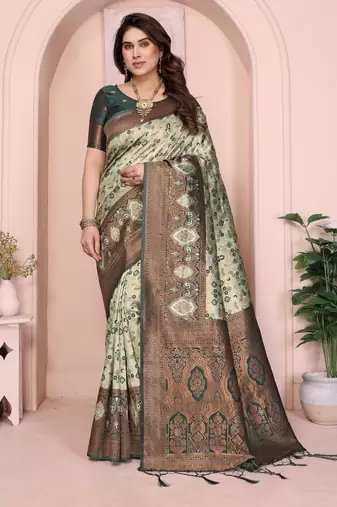 pista green silk blend banarasi saree with unstitched blouse piece