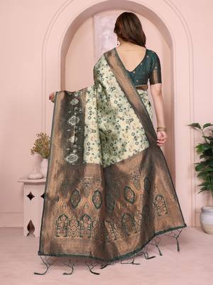 pista green silk blend banarasi saree with unstitched blouse piece 3